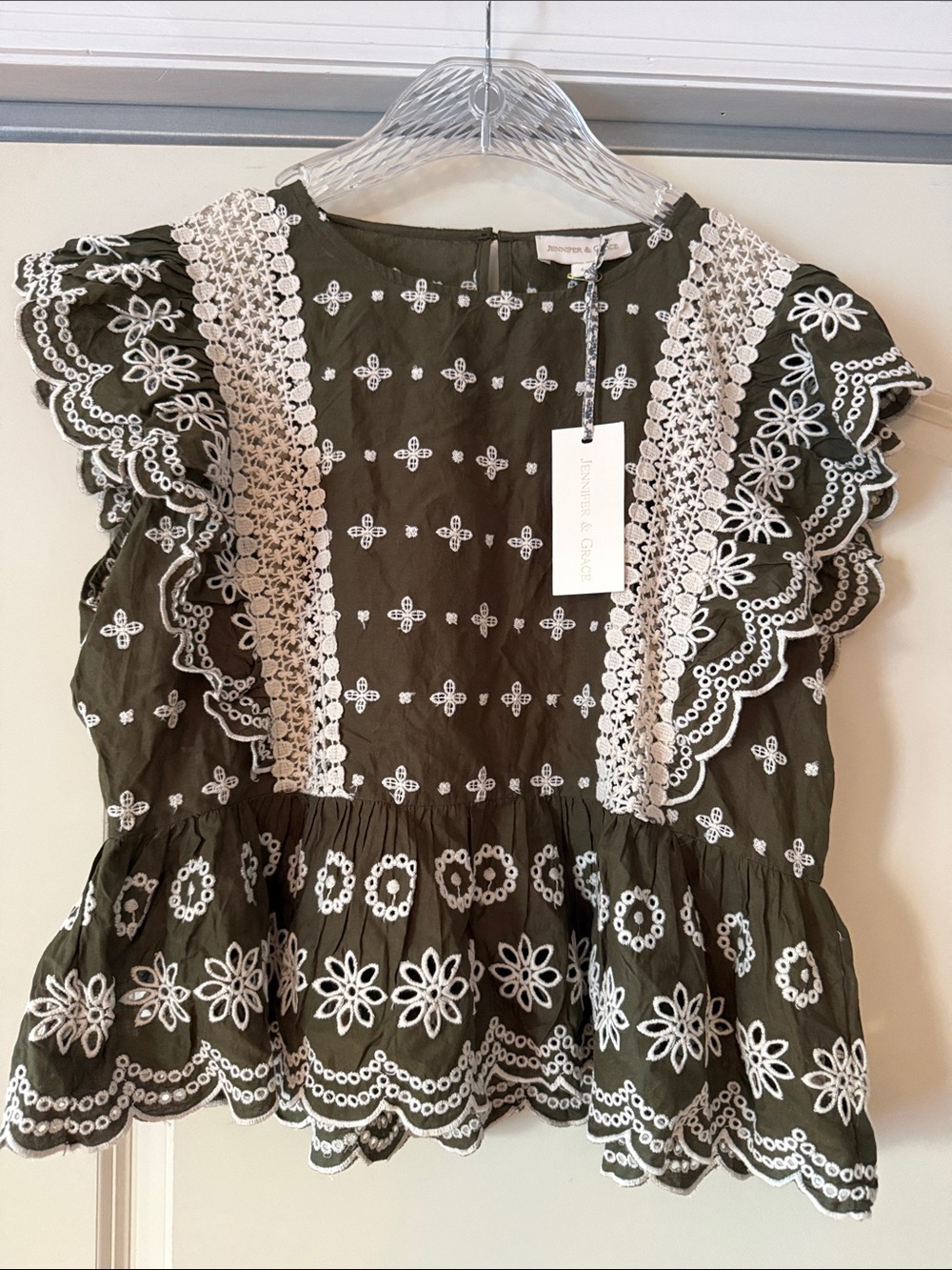 Jennifer & Grace Embroidered Olive Peplum Blouse with White Lace Trim